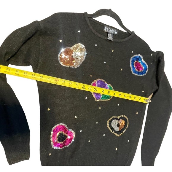 Le Chois Vintage Sweater Pullover Sequin Hearts‎ Petite L Silk Angora Lambs wool - Picture 9 of 11